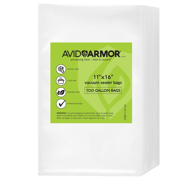 Avid Armor Vacuum Sealer Bags 100 Gallon 11"x16" for Food Saver, Seal a Meal Vac Sealers BPA Free, Heavy Duty Commercial Grade, Mea Prep and Sous Vide Vaccume Safe, Universal Design Pre-Cut Bag