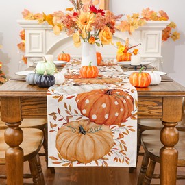 Fall Table Runner, Orange Pumpkin Eucalyptus Runner Seasonal Autumn Home Party Decor Dining Table Decorations 13x72 Inch