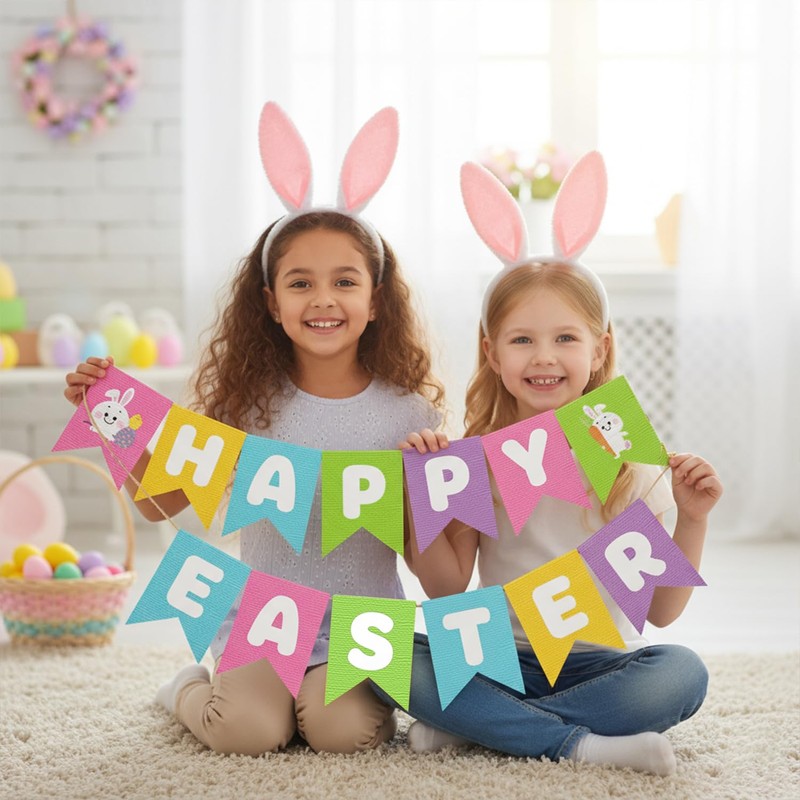 Adurself Happy Easter Burlap Look Fabric Banner, Pre-Assembled Canvas “HAPPY