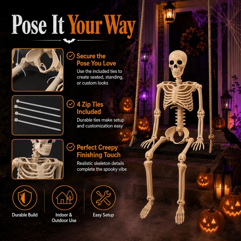 Sintuff Halloween Swinging Skeleton on Swing, Swinging Outdoor Ghost Decor