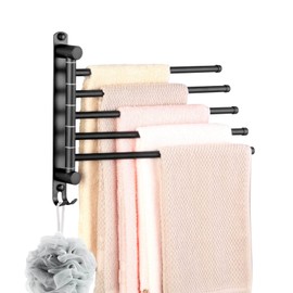 Swivel Towel Rack, Towel Bar with Wall Mounted 180° Rotation, 6-Arms Towel Hanger for SUS 304 Stainless Steel, Space Saving for Kitchen/Bathroom, Matte Black