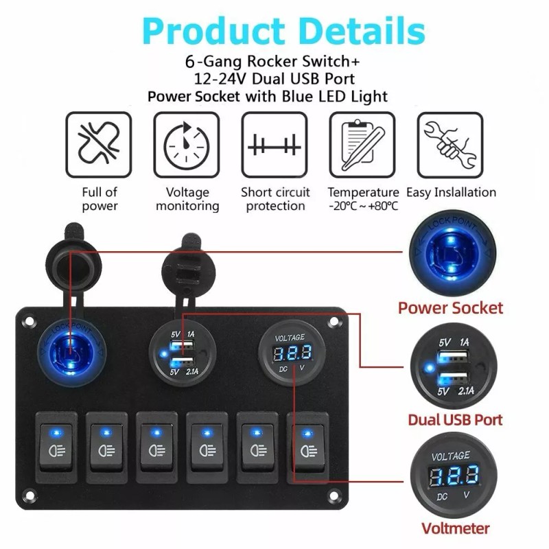 AOMINOHOMA 6 Gang 12V/24V Inline Fuse Box LED Rocker Switch