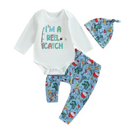 Amnnchya Western Baby Boy Clothes Cactus Sun Long Sleeve Romper Tops Cow Pants Set Newborn Fall Winter Outfit Hat 3PCS (Go Fishing,6-12 Months)