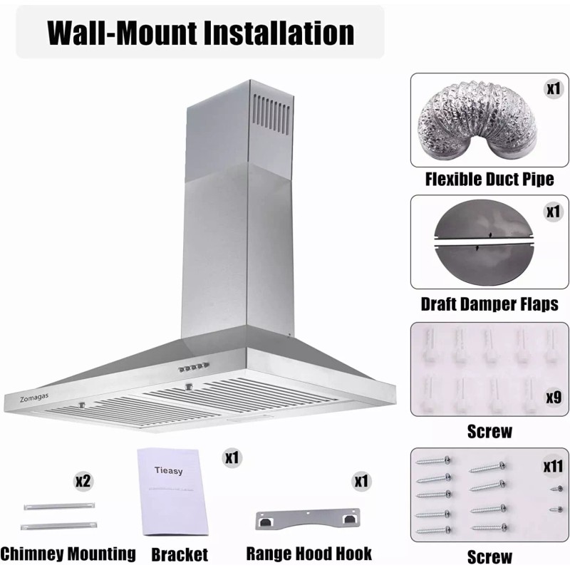 Zomagas 450CFM Wall Mount Range Hood 24 in Kitchen Vent