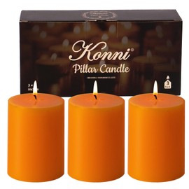 KONNI Orange Pillar Candles Set of 3, 3"x 4" Unscented Pillar Candles Bulk, 40 Hours Long Burning Candles, Smokeless&Dripless Large Round Candle for Wedding, Home Decoration, Parties, Spas, Dinner