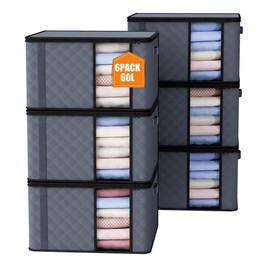 Auveir Pack of 6 60 L Storage Bags, Storage Boxes with Lid, Large Clothes Storage, Moving Boxes, Foldable Storage Boxes for Duvets, Blankets, Clothes, Underbed, Wardrobe