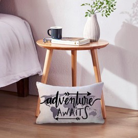 Grey World Map Adventure Lumbar Throw Pillow Cover Adventure Awaits Arrow Decor Cabin/Camper Geography Theme Decorative Rectangular/Waist Pillowcases 12 x 20 Inch for Sofa/Couch/Porch(12"×20", Grey)