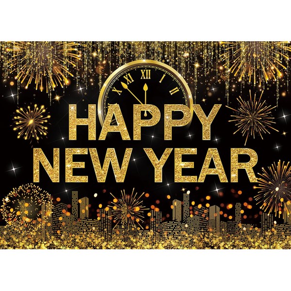 LYRYGS New Year Backdrop Happy New Year Backdrop Black Golden