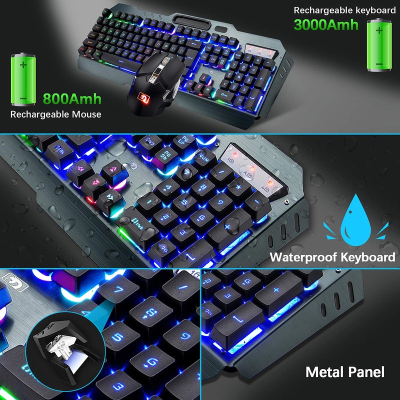 Wireless Gaming Keyboard and Mouse, Rechargeable, Rainbow Backlit with 3800mAh