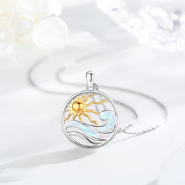 Midir&Etain Wave Necklace 925 Sterling Silver Ocean Wave Sun Pendant Necklace Beachy Sea Pendant Ocean Wave Sun Jewelry for Women Men