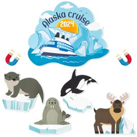 JAPBOR 5PCS Cruise Door Magnet, Alaska Cruise Refrigerator Car Ship Magnetic Decal, Alaskan Themed Magnets Door Decoration, Whale Sea Lion Seal Reindeer Fridge Magnetic Stickers for Cruise Party Decor