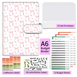 ALKKDPS Budget Binder with Cash Zipper Envelopes, Cute A6 Money Saving Binder, PU Leather Money Organizer, Cash Envelopes and 12 Expense Budget Sheets for Budgeting White Pink Bows
