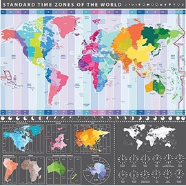Detailed World Map (Chart) with Timezones - Wall Poster - 33cm x 33cm