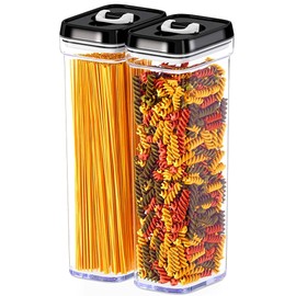 DWËLLZA KITCHEN Airtight Food Storage Containers with Lids – Same Size 2 Piece Set - Tall Air Tight Pantry & Kitchen Clear Container for Spaghetti Noodle and Pasta - Keeps it Fresh & Dry (Black Lid)