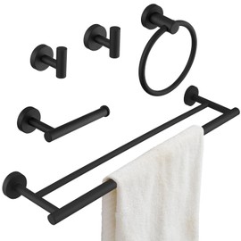 BATHLAVISH Bathroom Hardware Accessories Set 5 Pieces Matte Black 24" SUS 304 Stainless Steel Bath Double Towel Holder Bar Set Towel Rack Combination Wall Mounted for Kitchen, Laundry, Bedroom