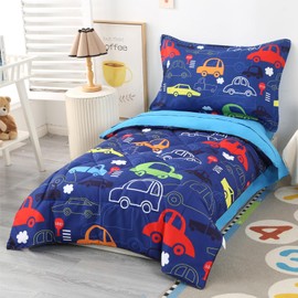 Wowelife Car Toddler Bedding Sets for Boys 4 Piece Blue Vehicle Toddler Bed Sheet Sets Bed-in-a-Bag Comforter Set for Kids Boys Girls with Comforter, Flat Sheet, Fitted Sheet and Pillowcase