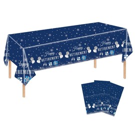 Uniquer 3Pcs Happy Retirement Tablecloth, Rectangle Table Cover, Blue Silver Tablecloth Set for Women Men Retirement Party