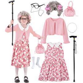 FAYBOX 100 Days of School Old Lady Costume for Kids Girls,100th Day Old Lady Wig Granny Grandma Dress Up