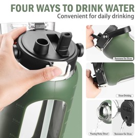 BLUEGO 64oz Glass Water Bottles with Straw Time Marker Half Gallon Large Motivational Water Bottle with Silicone Sleeve 2 Liter Large Glass Water Jug for Gym, Sports& Workout, Daily, Olive