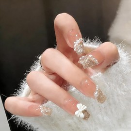 Domiya Nail Tips, 24 Pieces, Ballet, Very Short, Popular, Nail Stickers, Press-on Nails, Cute, Fake Nails, 3D Nails, Round Tip, Fashion Nails, Wedding, Bridal Nails (A19)