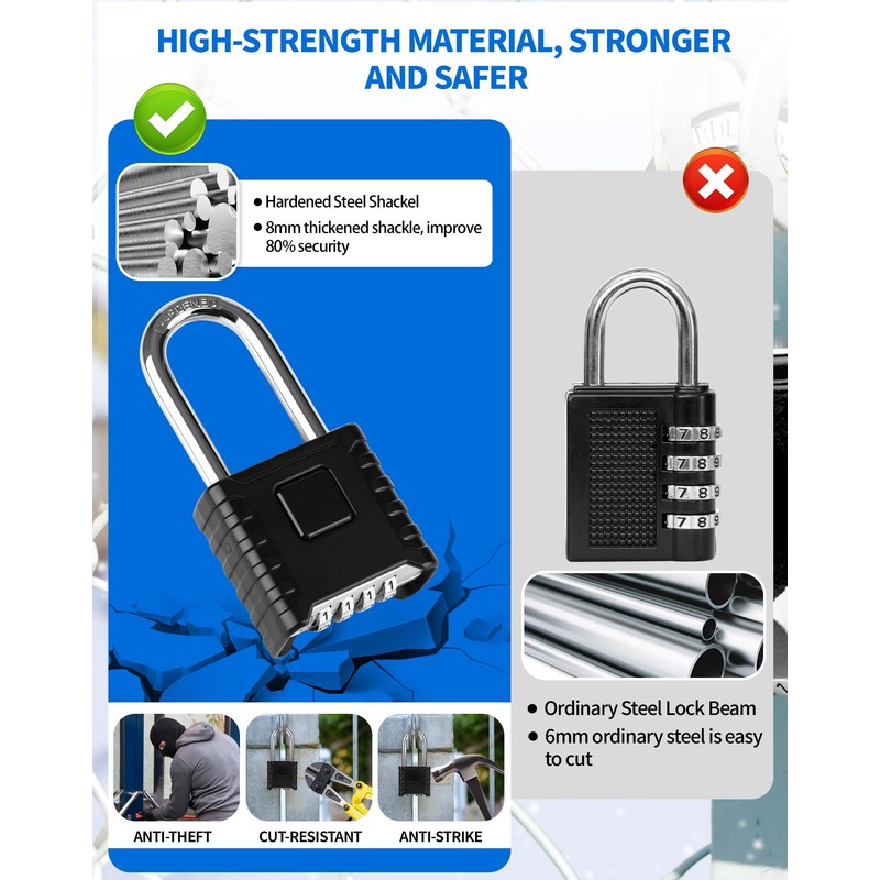 LUNEKUCK 2 Pcs Long Shackle Heavy Duty Combination Padlocks Outdoor