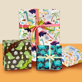 ZCOINS 4 Sheets 70 x 50CM Dinosaurs Theme Gifts Wrapping Paper for Kids Baby Boys Birthday Cute Dino Jungle Safari Wrapping Paper Godzilla Monster Gift Wrap for Dinosaurs Lovers Party Favors