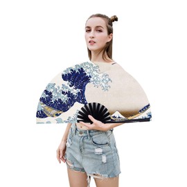 Amajiji Large Folding Fan, Chinease/Japanese Bamboo and Nylon-Cloth Folding Hand Fan, Hand Folding Fans for Women/Men, Hand Fan Festival Fan Gift Fan Folding Fan Dance Fan (Sea Ｗave)