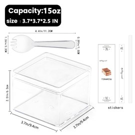 FZJ 50 Pack 15OZ Square Clear Plastic Dessert Cups with Lids and Sporks&Stickers Disposable Fruit Cups for Dessert,Tiramisu container with lid,Cupcake,Parfait,Pudding,Iced Cold Drinks,Fruits,Bakeries