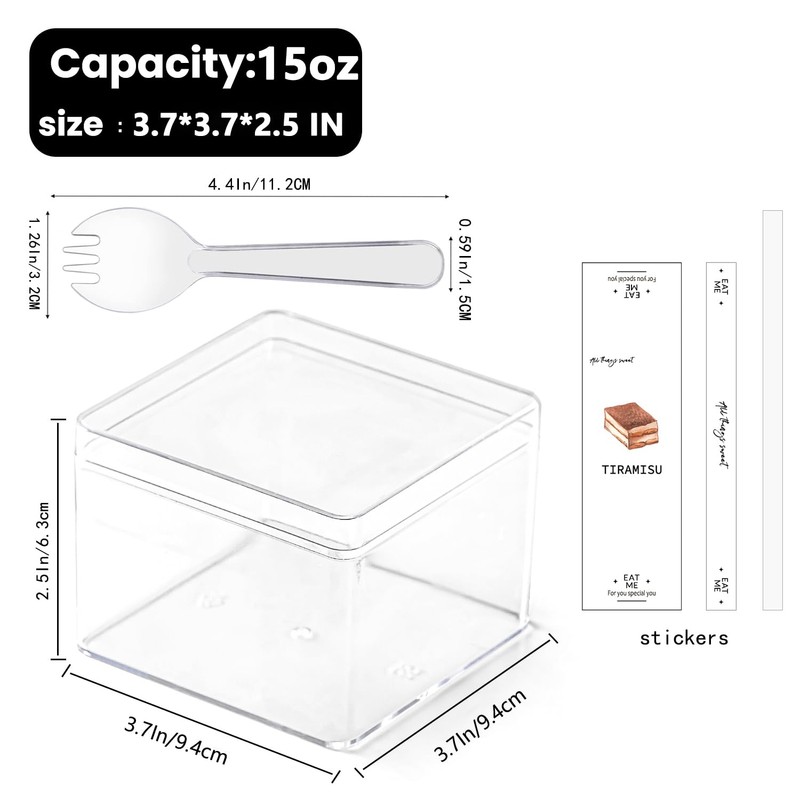 FZJ 50 Pack 15OZ Square Clear Plastic Dessert Cups with