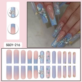 Square Press on Nails Long Blue Fake Nails with Glitter 3D Butterfly Design Rhinestone False Nails Flower Acrylic Nails Press on Artificial Nails for Women and Girls 24pcs