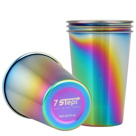 7 Steps - Stainless Steel Pint Cup Tumbler 500 ml / 16 oz - Durable Stackable Cup (Pack of 4) (Rainbow)