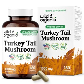 Wild & Organic Turkey Tail Mushroom Capsules 1000 mg - Immune Support - Turkey Tail Mushroom Powder Supplement - Coriolus Versicolor Mycelium Extract - Vegan, No Fillers, Non-GMO - 180 Count