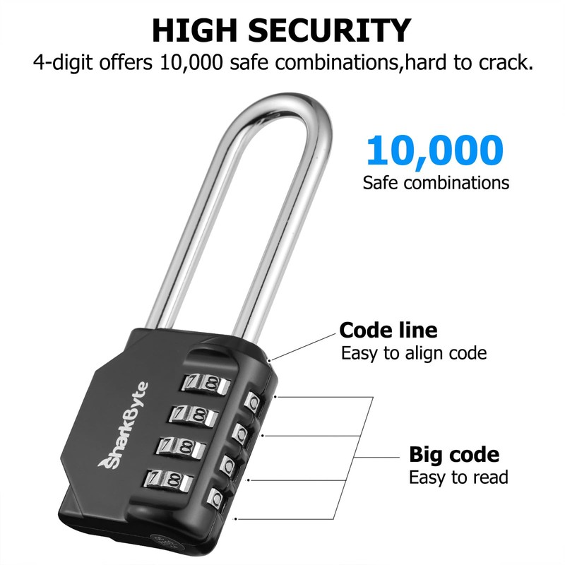 SharkByte Combination Long Padlock [2.6" Long Shackle] 4 Dial Heavy