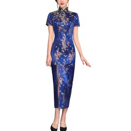HUAHUA Disfraz de Cheongsam para mujer, con abertura lateral, ajustado, para fiesta de Qipao, estampado de dragón y fénix, vestido de cóctel (M, 13-azul)