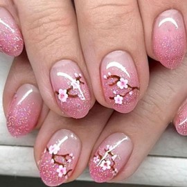 Short Press on Nails Oval Fake Nails with Glitter Flower Designs Pink Gradient Nails Press ons Glossy Glue on Nails Cute Acrylic Nails Spring False Nails Summer Stick on Nails for Women 24Pcs