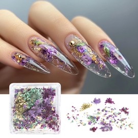 3D Dried Flowers for Nails, Dried Flowers Nail Art Stickers Dried Flowers for Resin Crafts Dried Flower Decals for Acrylic Nails Design Manicure Accessories (Green/Purple/Yellow)