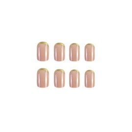 SINHOT Short Press on Nails Square - Gold Edge Fake Nails Glossy Glue on Nails French Tip Acrylic Nail Supplies Squoval Artificial Nail Art Nude Pink Stick on False Nails with Design DIY 24 pcs