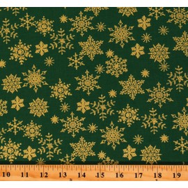 Cotton Holly Jolly Christmas Winter Metallic Gold Snowflakes on Green Cotton Fabric Print by The Yard (D402.61)