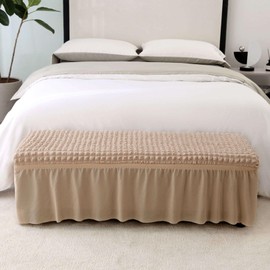 GERLNF Stretch Dining Bench Cover, Soft Seersucker Bench Slipcover with Skirt Spandex Removable Washable Dining Room Bench Covers for Banquet Bedroom (Beige,Large)