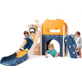 MAMIZO 8-in-1 Large Toddler Slide, L-Shaped Kids Slide with Long Slope, Baby Climber Playset w/Enclosed Steps, Telescope, Basketball Hoop, Tunnel, Indoor Outdoor Playground for Age 3+ (Yellow & Blue)