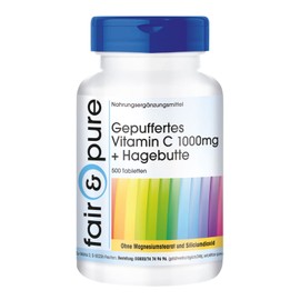 Fair & Pure® - Buffered Vitamin C 1000mg + Rose Hip - 500 Tablets Calcium L-Ascorbate - Large Pack, High Dose - Vegan - German Quality Manufacturing