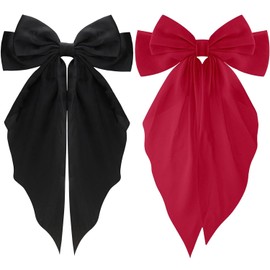 2PCS Silky Satin Big Hair Bows Barrettes, Hair Ribbons Oversized Long Tail Large Hair Bow Hair Clips, Ponytail Holder Accessories Bowknot Hair Clips Hair Accessories for Women Girls (Black+Red)