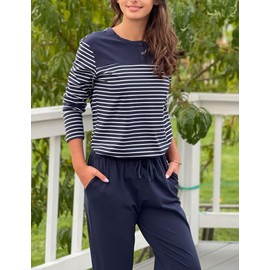 Prosoft&Hawiton Cotton Pajama Set for Women Striped Pj Set Long Sleeve Sleepwear Henley Loungewear Pants with Pockets Dark Blue