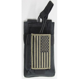 M1Surplus MOLLE Style Black Color Tactical Radio Pouch + PATRIOT FLAG Morale Patch Fits Yaesu FT-25R FT-65R FT2DR VX-170 FT-60R FT-70DR FT250R FT270R VX110 VX120 VX127 VX7R VX8R FTA-550L HT HAM Radios