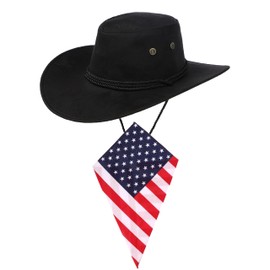 Black Cowboy Hat and USA Bandana Western Sun Cap Faux Felt Leather Suede Fancy Dress Party Costume Outfit Neckscarf Sun Protection Mens Womens