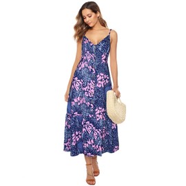ROYLAMP Women's Floral Spaghetti Strap Dress Button V-Neck Split Ruffle Hem Casual Midi Flowy Midi Dresses Blue Leopard XL