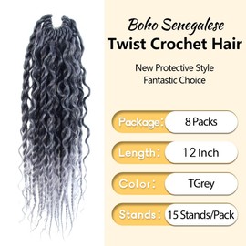 NISEYO Boho Senegalese Twist Crochet Hair 12 Inch, 8 Packs Pre-looped Curly Ends, Ombre Gray Pretwisted Goddess Island Passion Twist Crochet Braids (120 Strands,Tgrey)