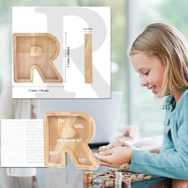 Mikytoper Wooden Letter Money Box, Personalised Piggy Bank, Money Jar for Kids, Creative Clear Money Bank for Birthday Gift/Home Decoration/Keepsake (R)