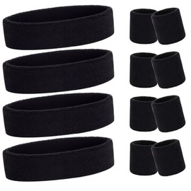 COSHAL® Set 4 Athletic Headbands and Wristbands Ladies Gym Exercise Sports Neon Sweat Headband & Wristbands SET 80's Fancy Dress Accessories for Sport Running Wrist Head Bands Black