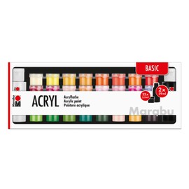 Marabu 1210000000208 Large Starter Set Acrylic Paints Basic, 32 x 3.5 ml and 2 x 59 ml, Water-based, Waterproof and Fade-resistant, Quick-Drying for Stretcher Frame, Paper, Cardboard, Wood